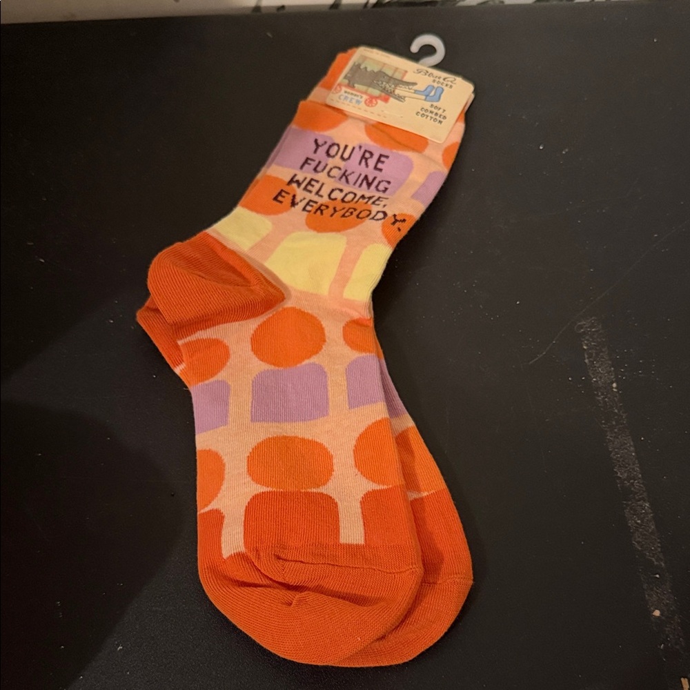 Novelty Orange & Lavender Graphic Crew Socks - You're Welcome Message